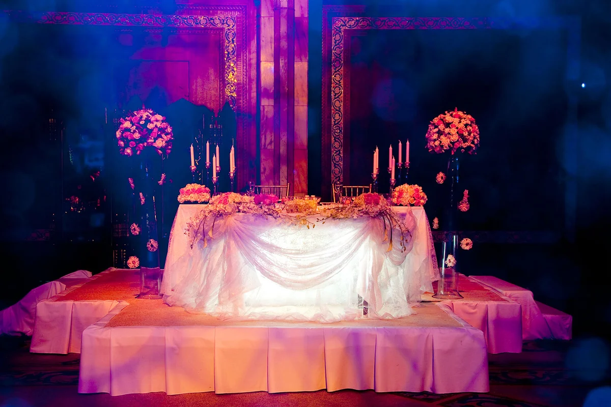 Lavish bride and groom table at reception