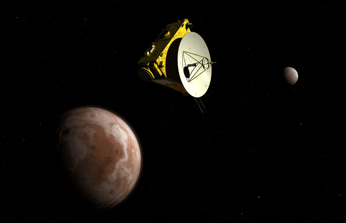 New Horizons spacecraft flies by dwarf planet Pluto and its moon Charon.