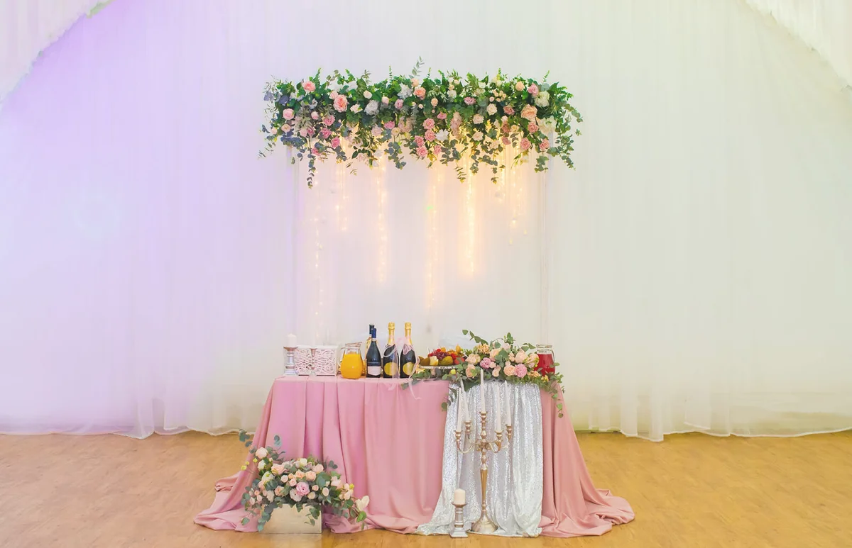 Bride and groom table beautiful decor and dishes