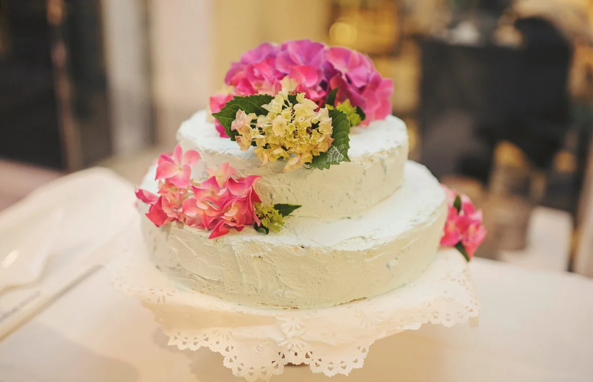 Wedding cake decorated with flowers