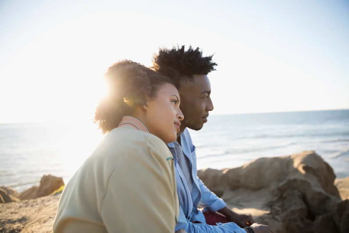 Dreamy young couple watching ocean