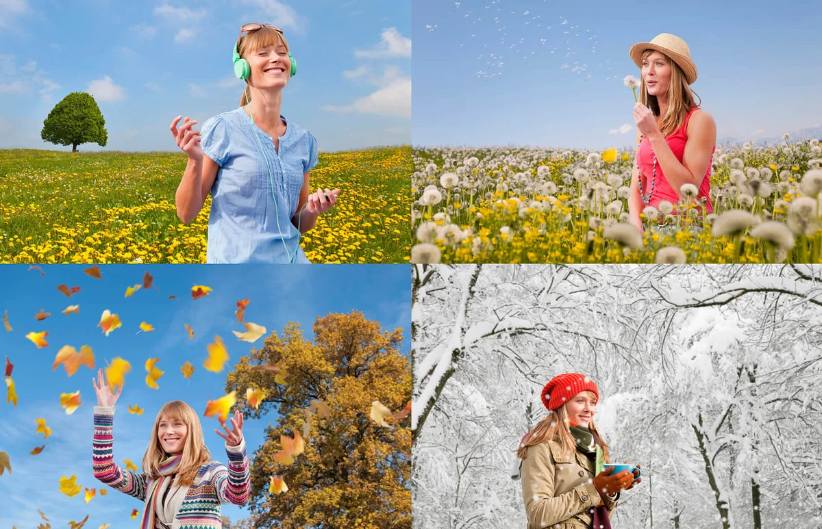 Four seasons of woman playing outdoors