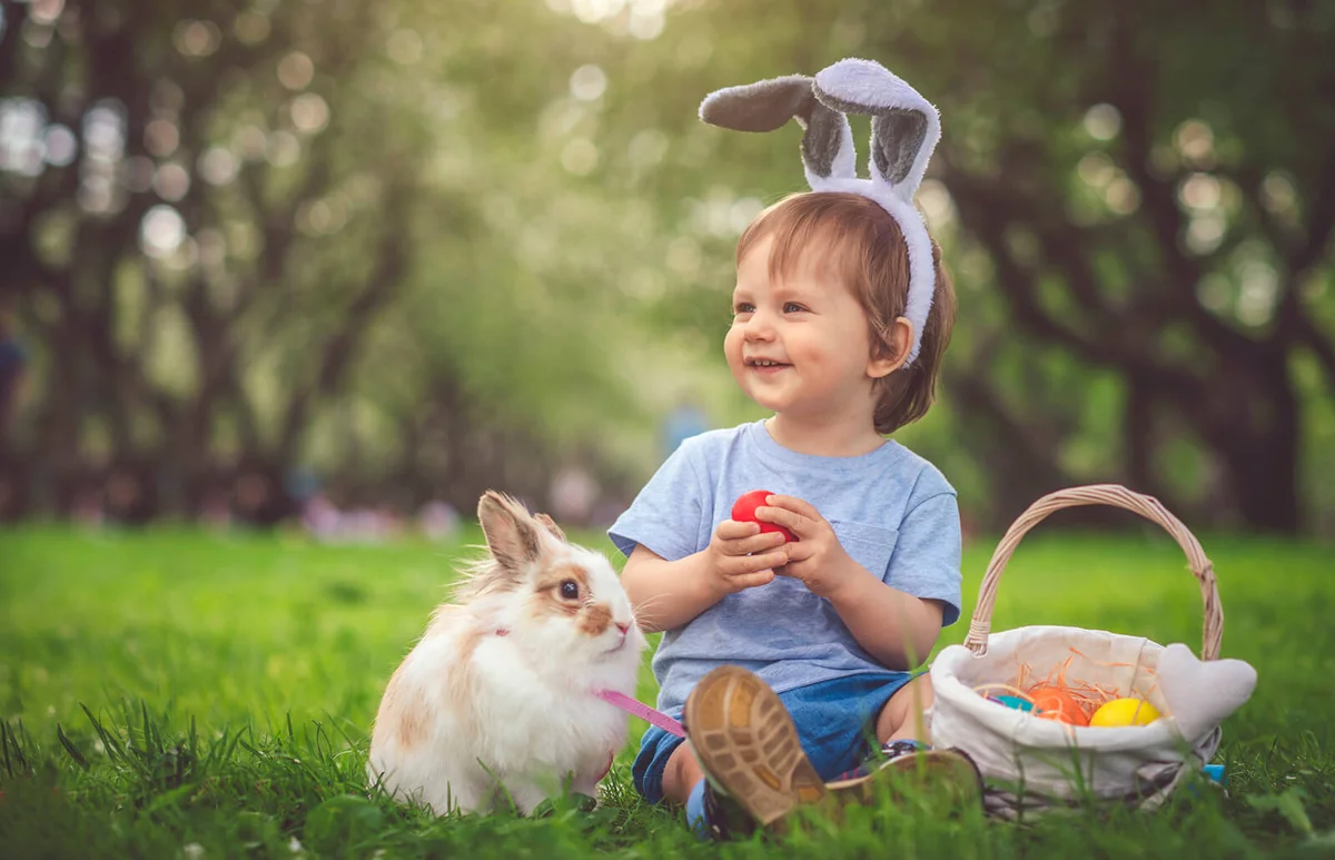 Cute little boy playing with bunny and Easter eggs