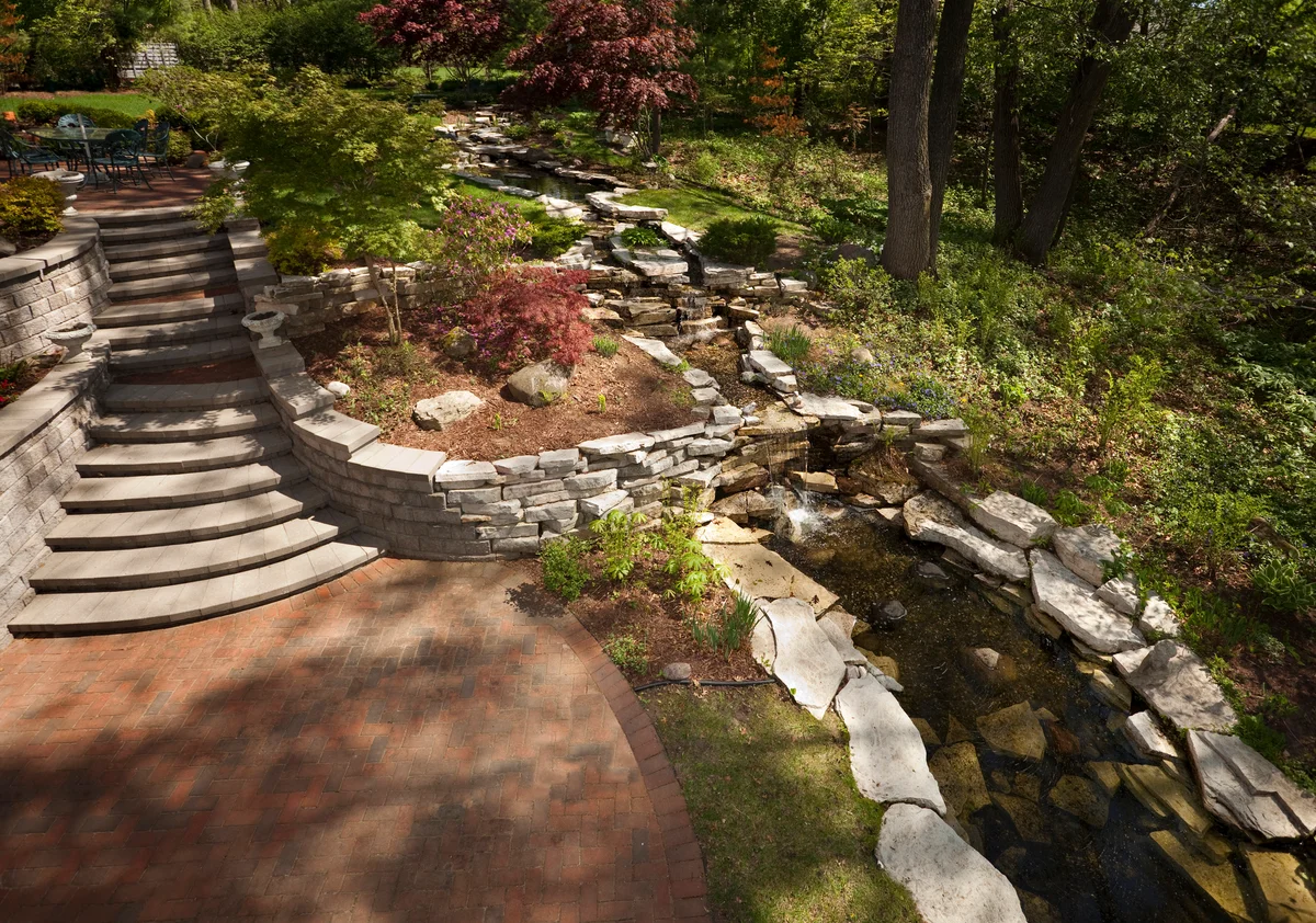 A terraced garden with stones