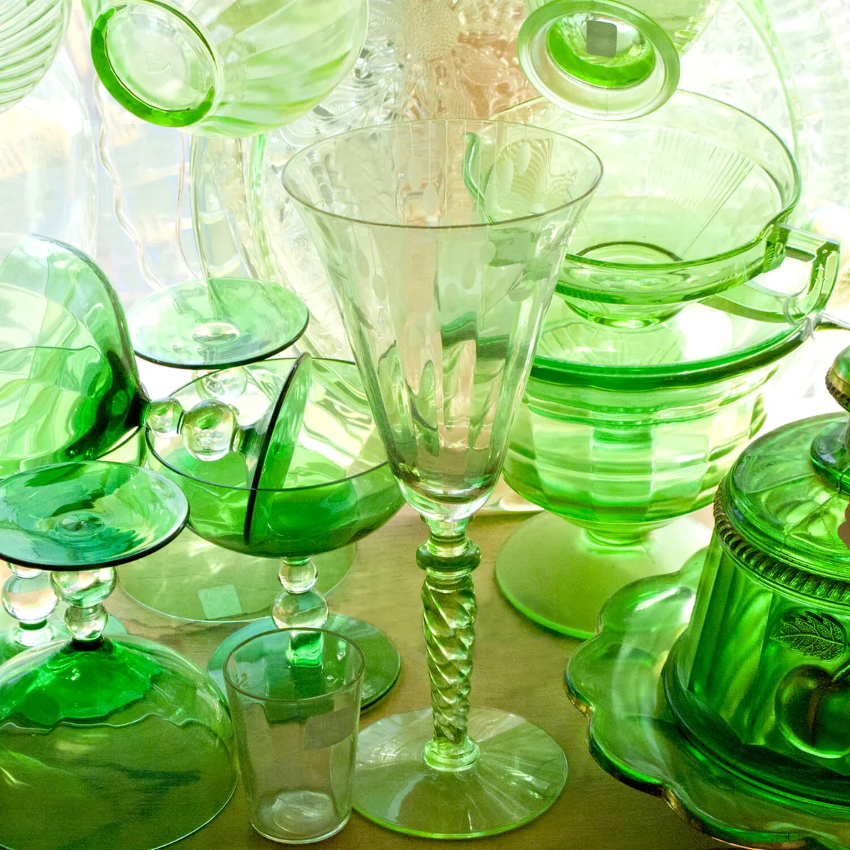 Colorful old glassware in an antique shop