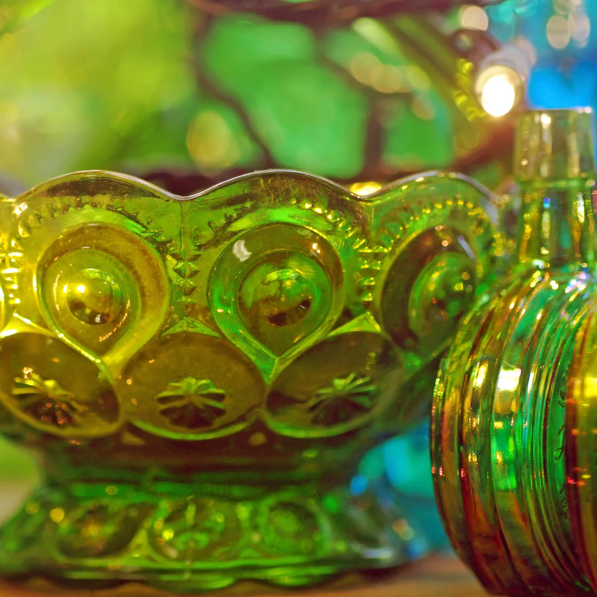 Green Antique Bowl and Bottles