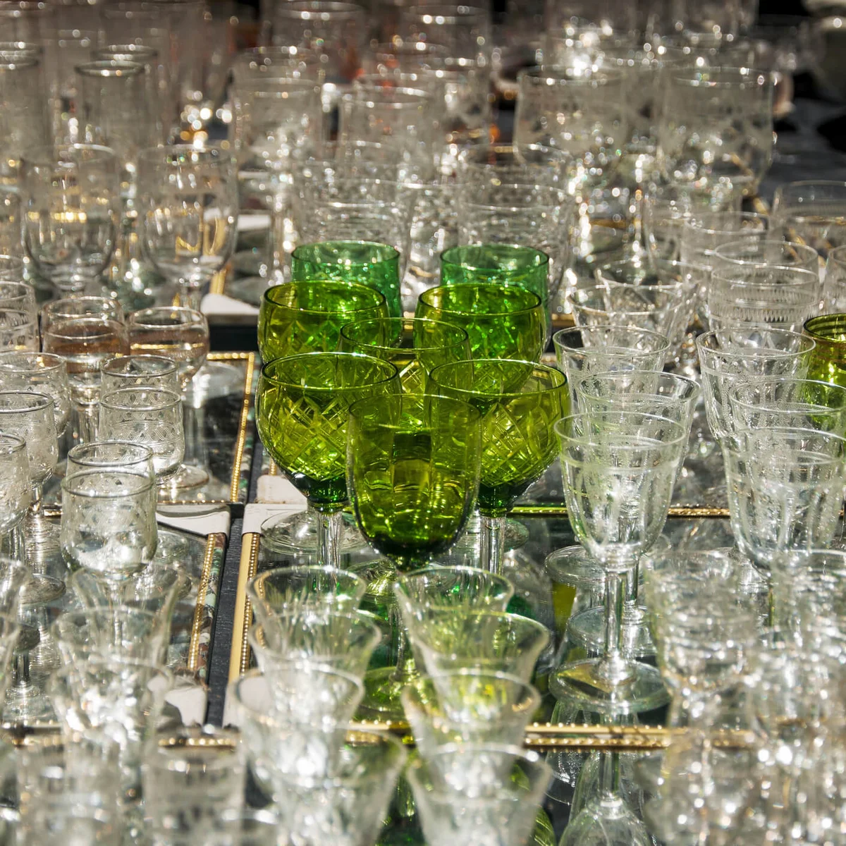 Full Frame Shot Of Empty Antique Glasses On Table