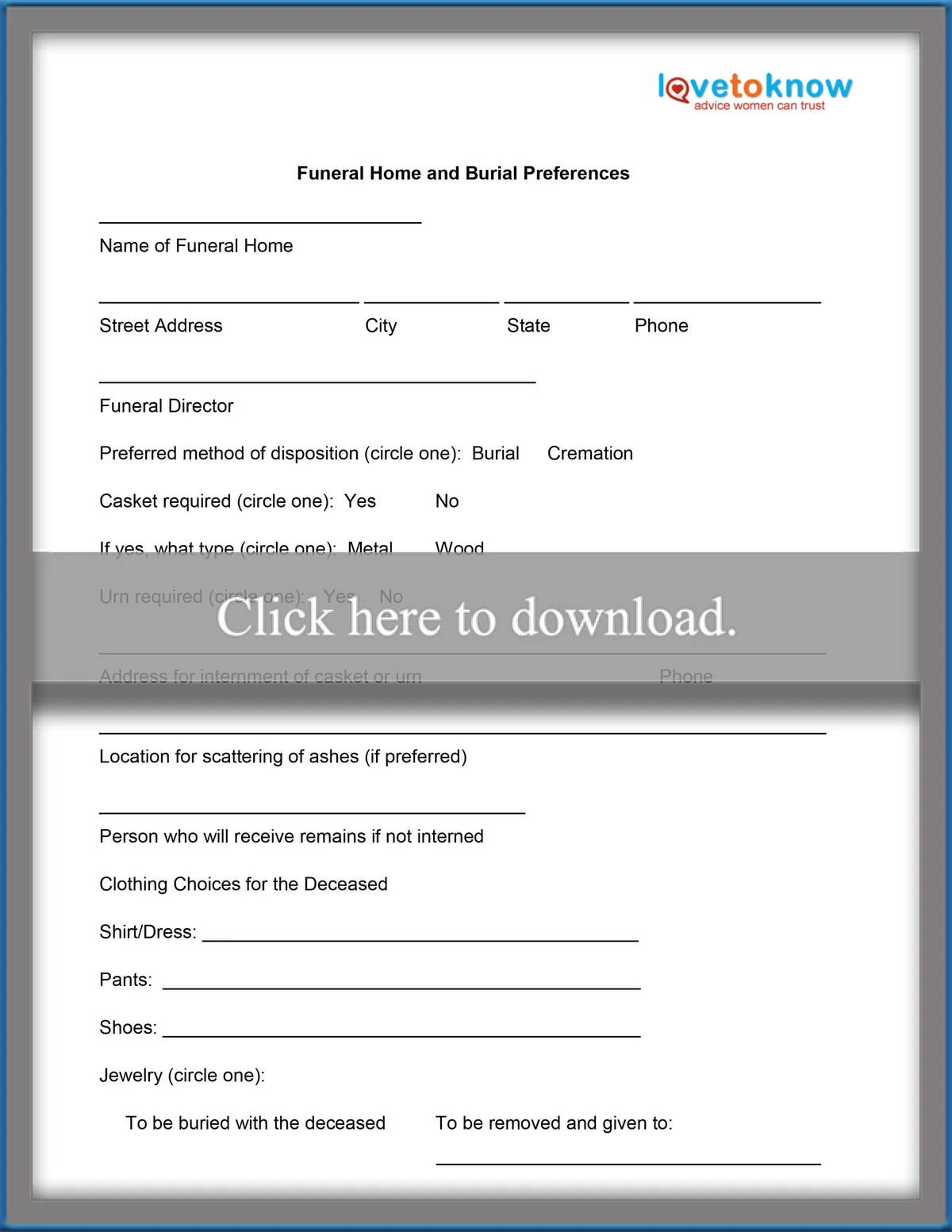 Funeral home and burial preferences planning guide