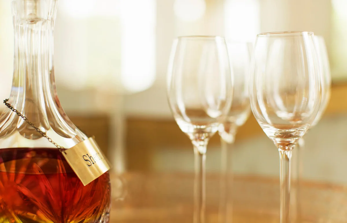 Crystal sherry decanter and cordial glasses