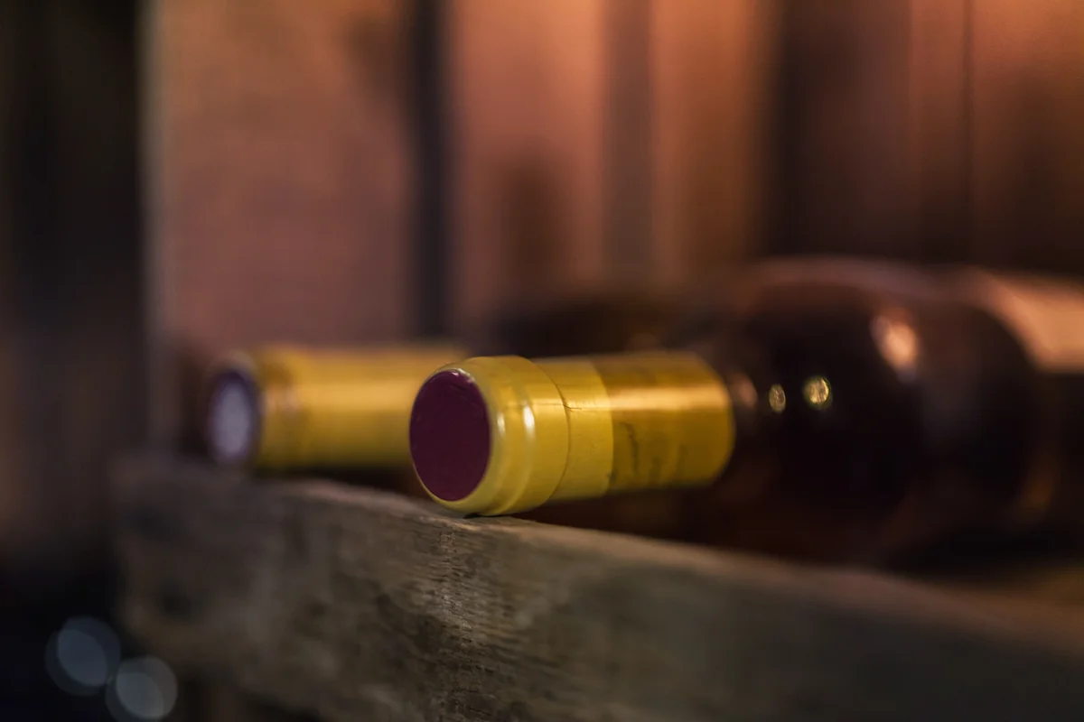 Two bottles of red wine on wooden shelf