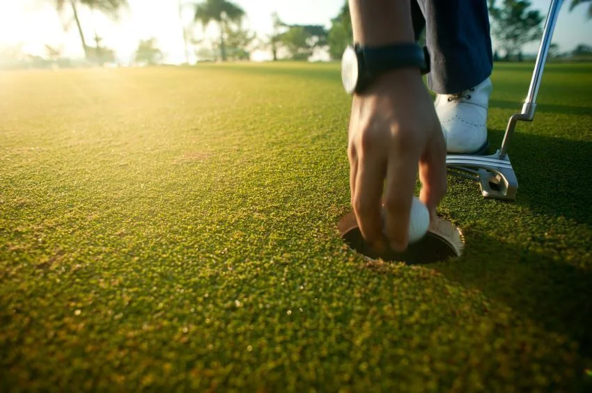 golfer retrieves ball from hole