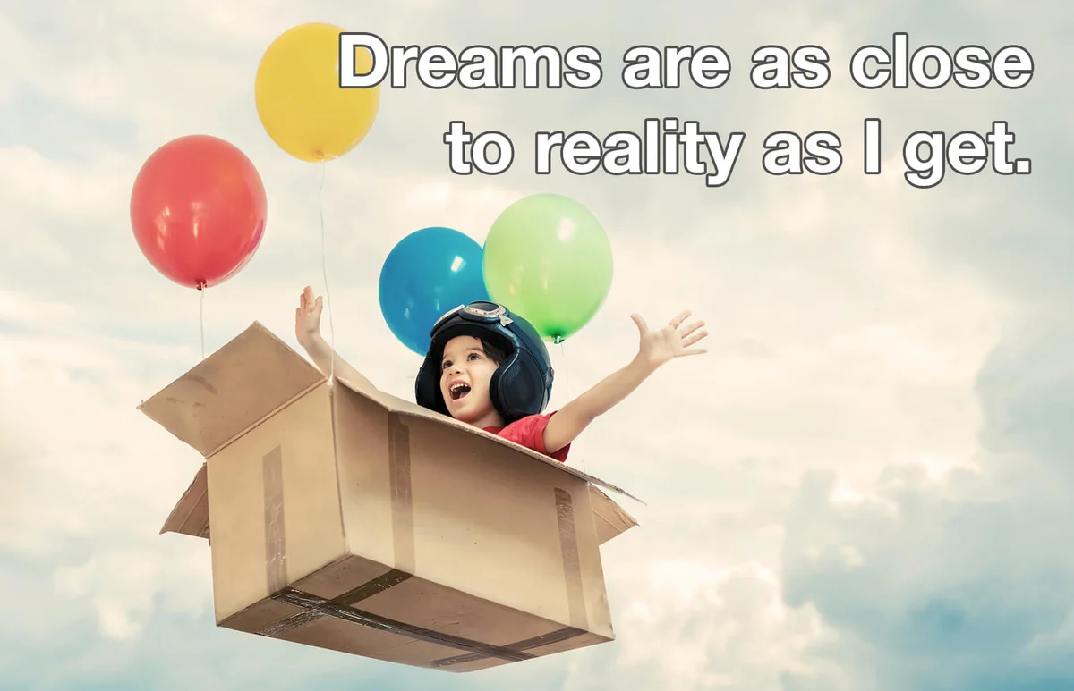 Kid flying in cardboard box with balloons between clouds