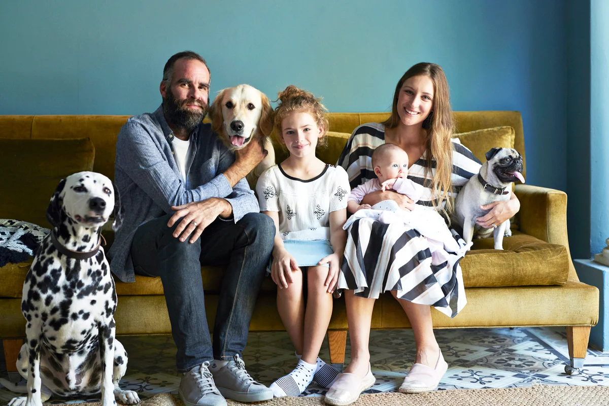 Family sitting together in sofa with their dogs