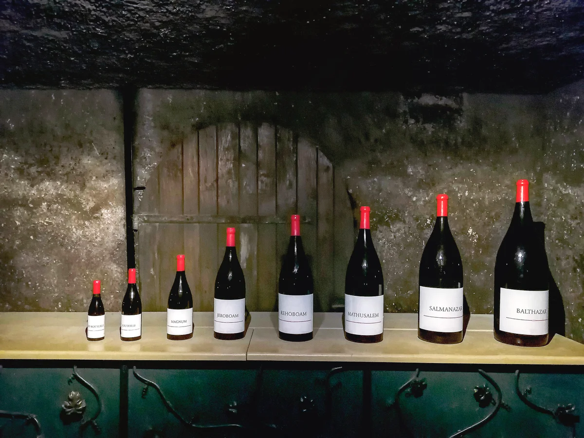 Bottles of different sizes in a French wine cellar