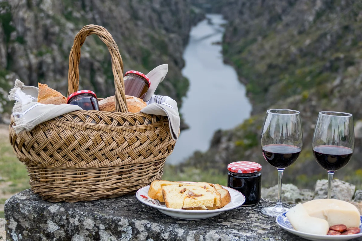 Picnic with jam and wine