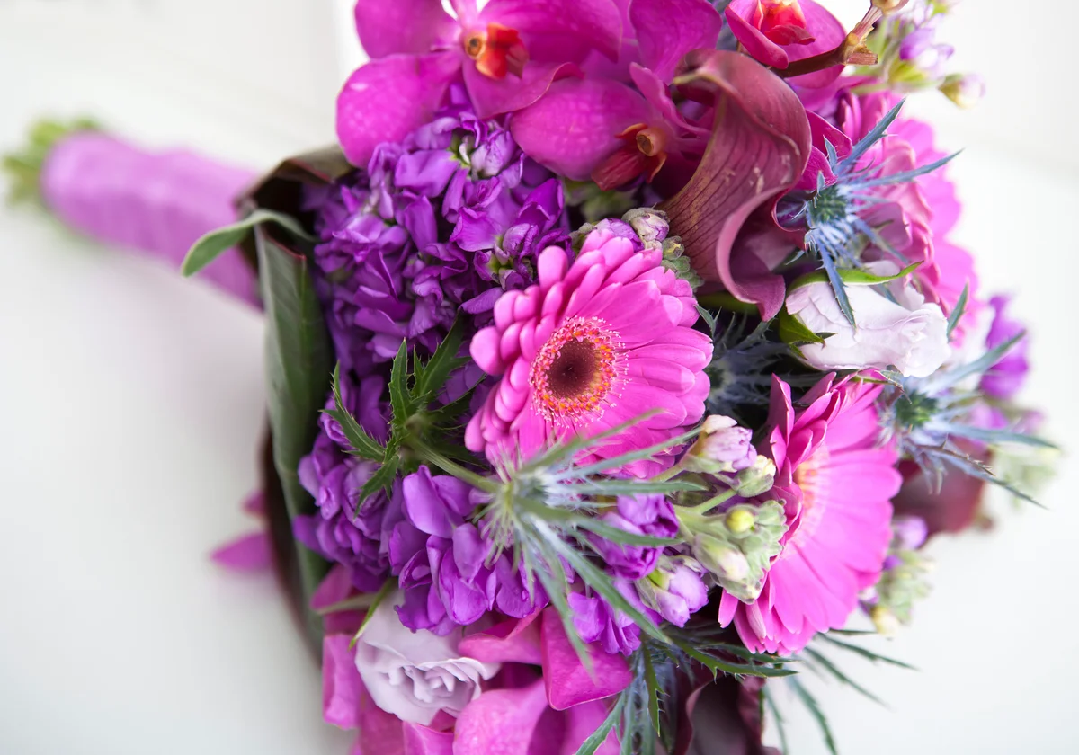 Purple mixed spring bridal bouquet