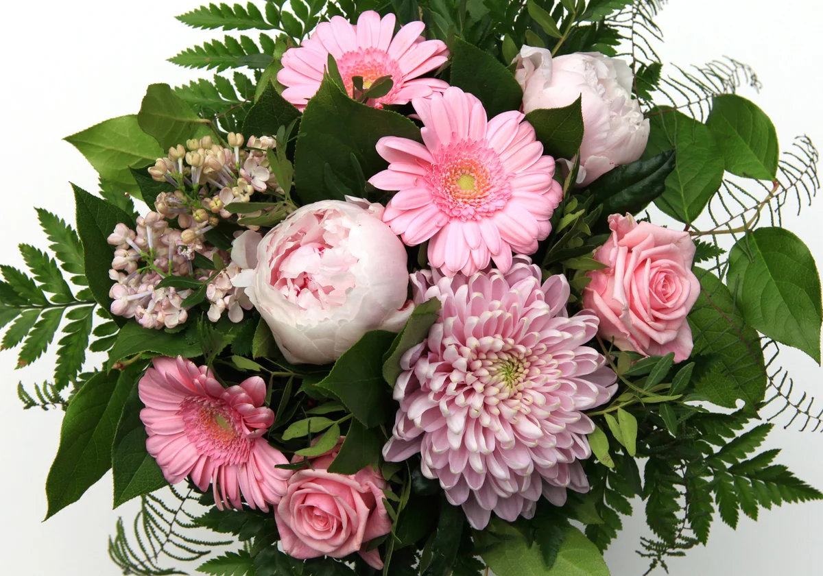 Pink bouquet of Dahlia, Roses, Gerbera, Lilac and Peony