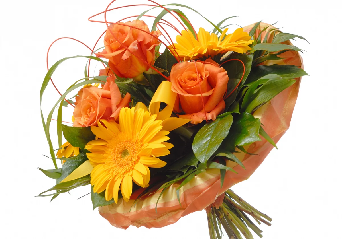 Yellow and coral Gerbera daisy bouquet