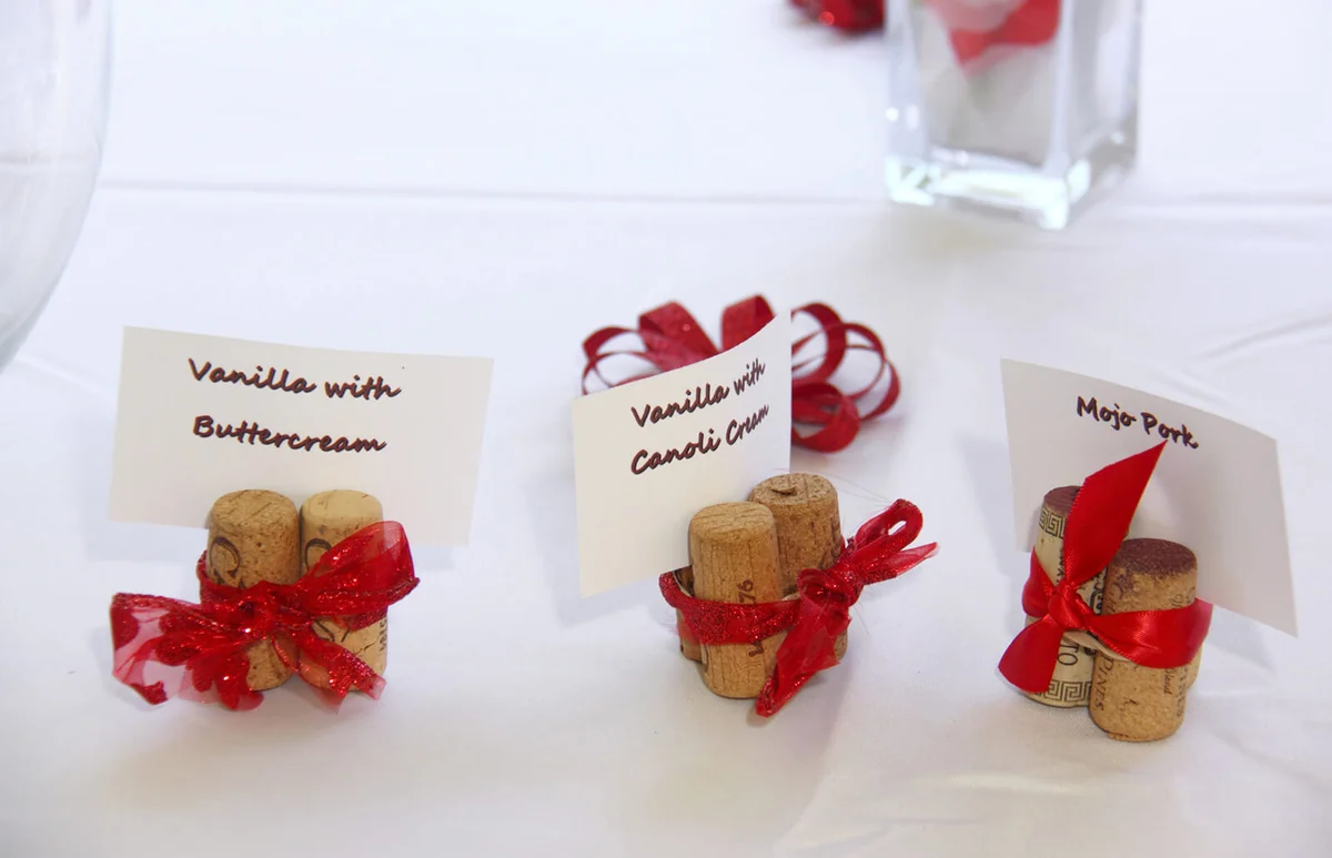 Red and white wedding cork labels