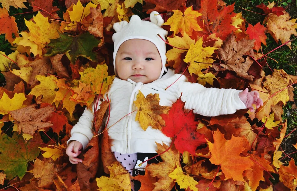 Portrait Of Baby Girl Lying On Autumn Leaves