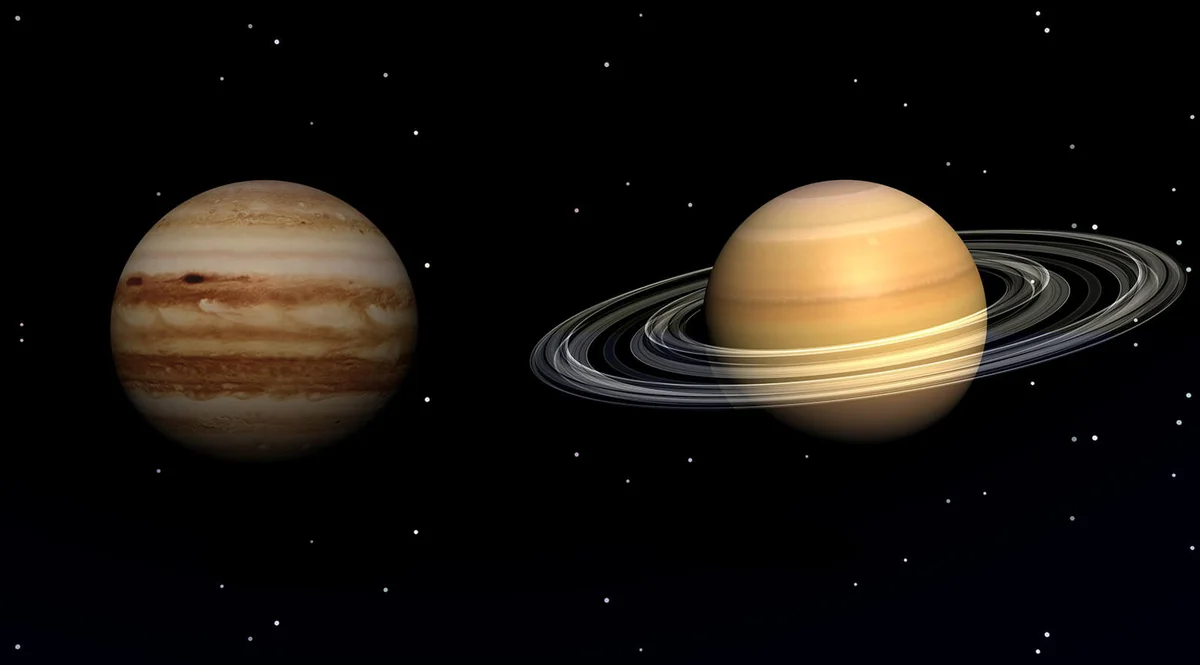 planets jupiter and saturn in a sky of starry night