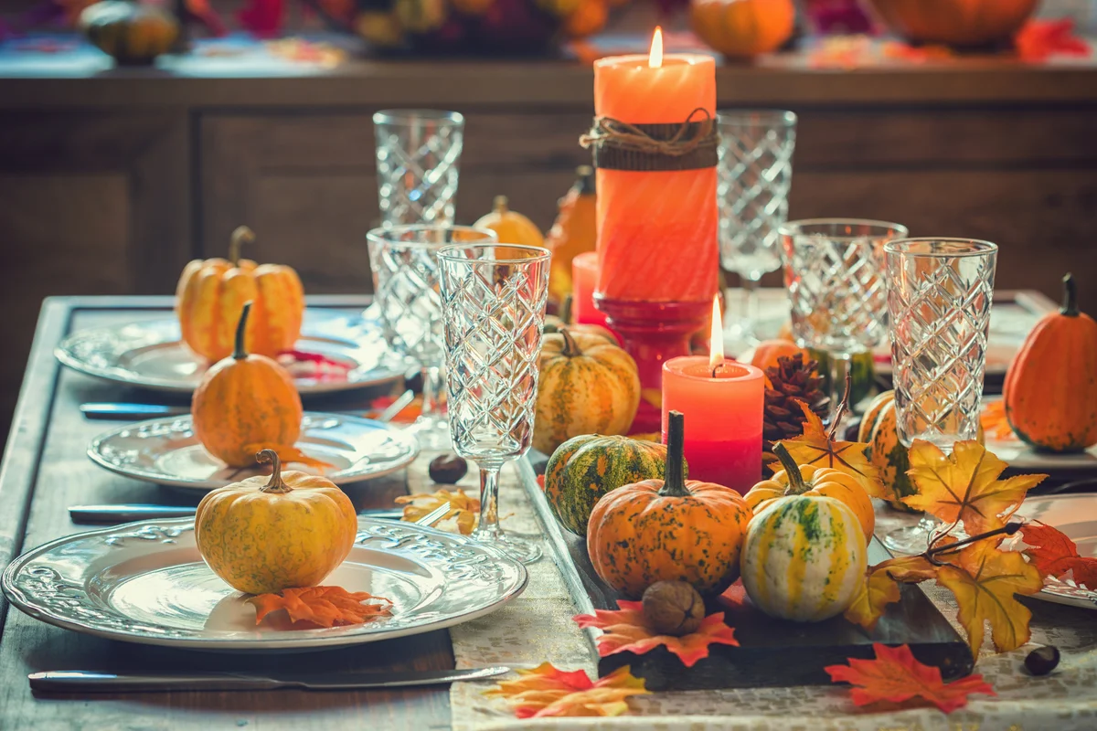 Thanksgiving Dining Table Place Setting with Autumn Decoration