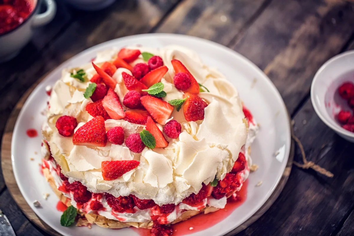 Berry Pavlova Cake with Strawberries and Raspberries