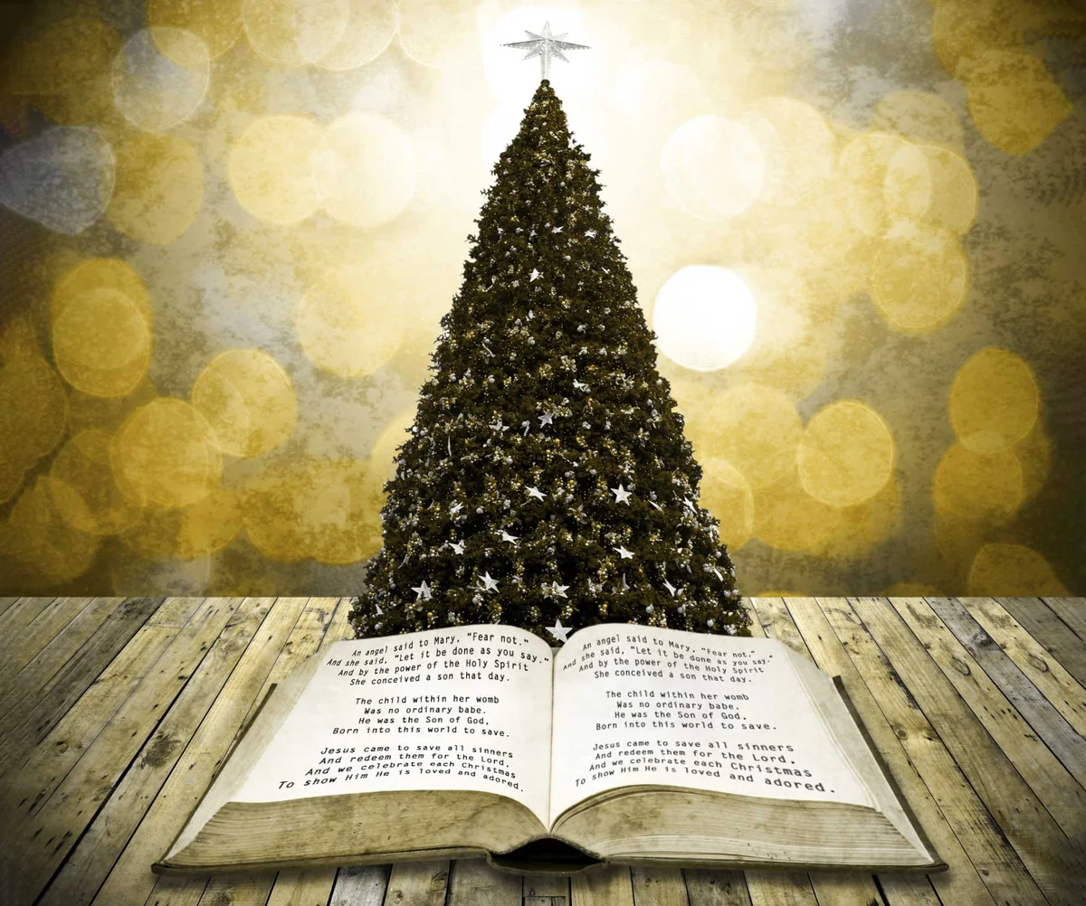 Christmas tree on table with open book