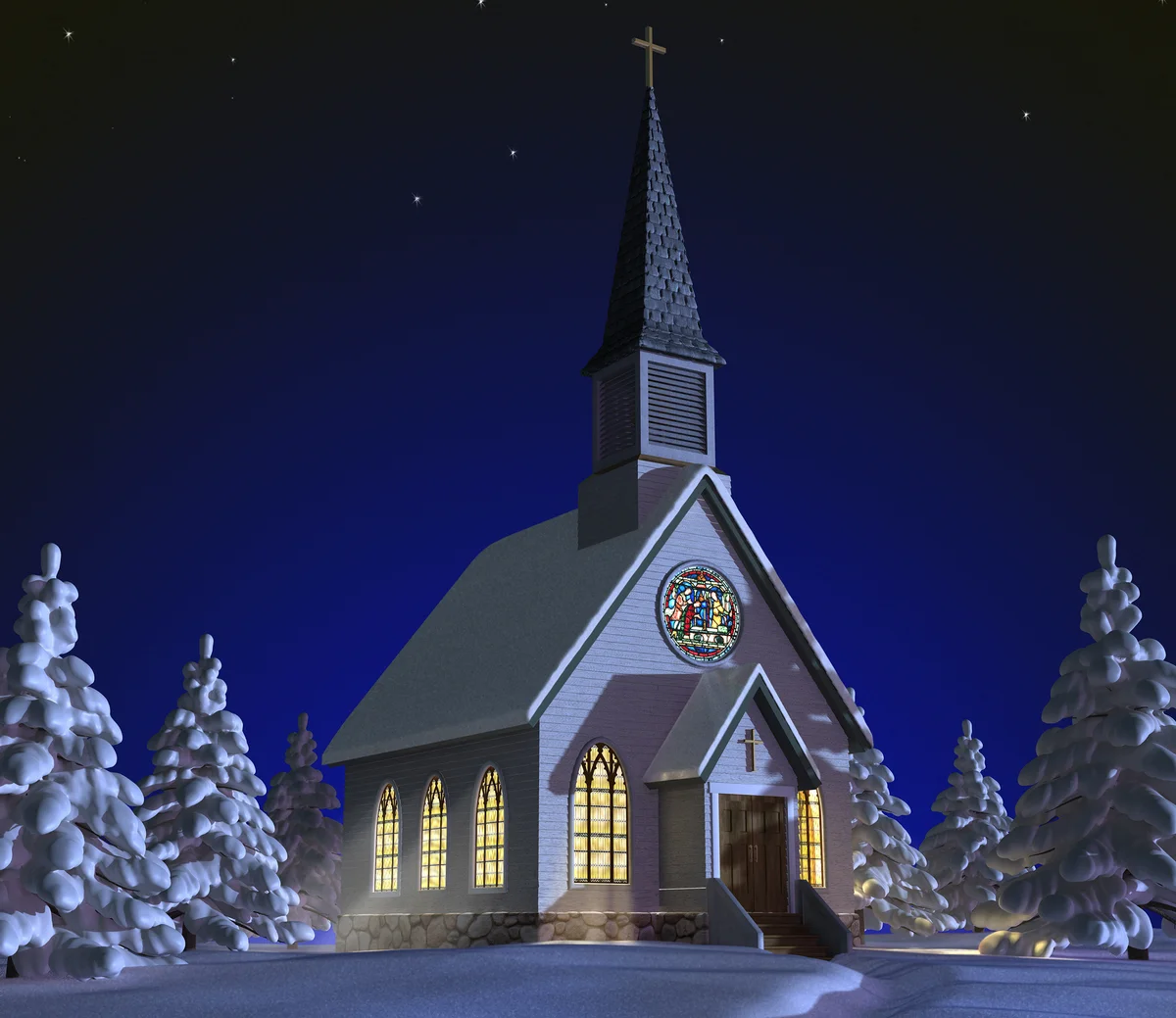Church at night in a snowy landscape with illuminated windows