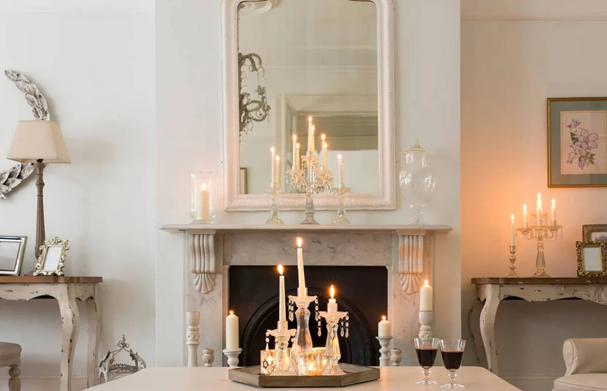 Candlelit luxury home showcase interior living room with fireplace