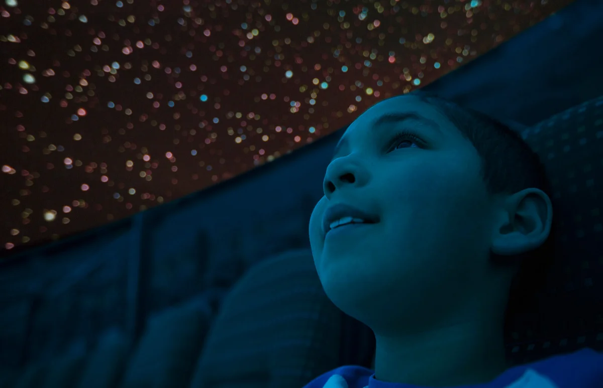 Close up of curious boy enjoying planetarium show