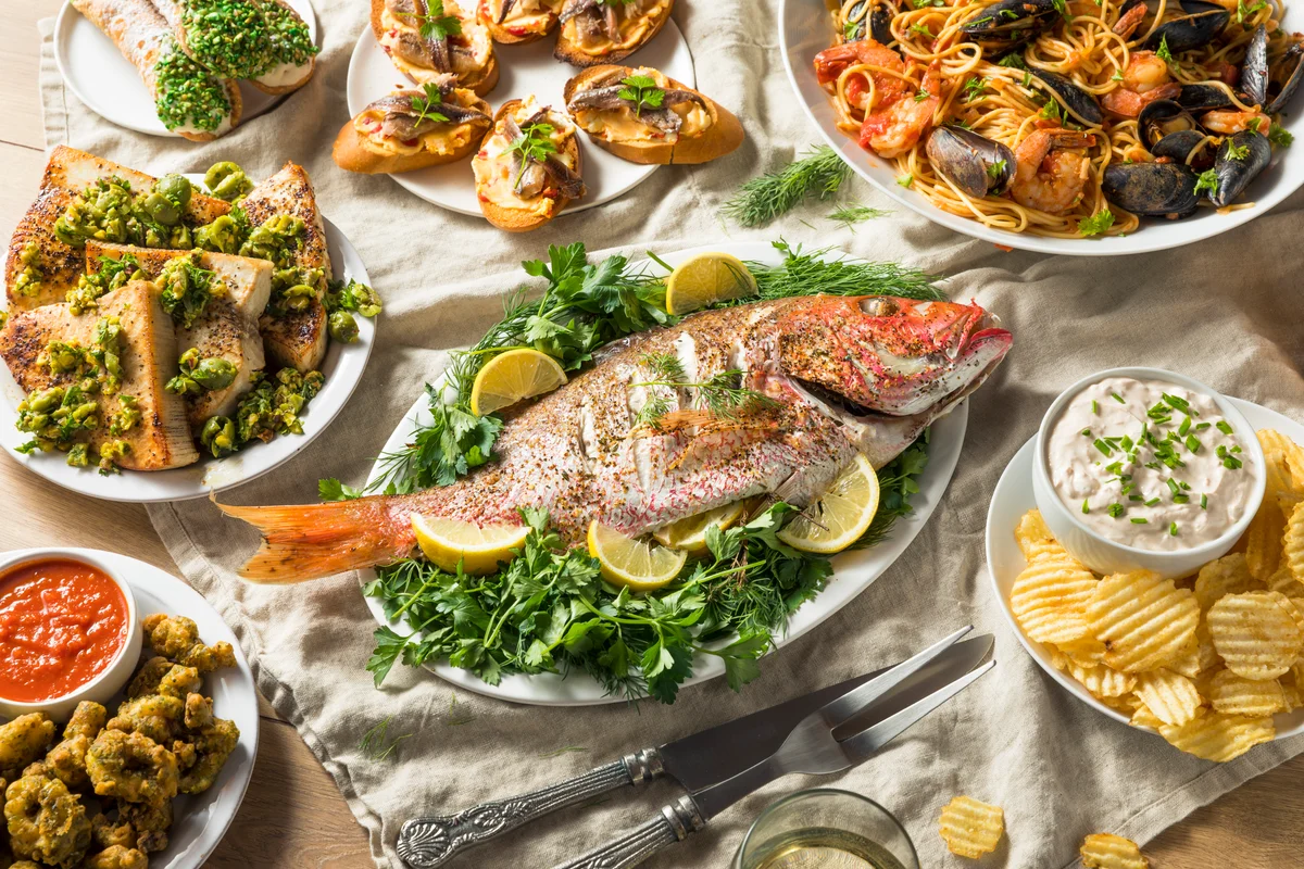 Holiday Italian Feast of 7 Fishes with Snapper Octopus and Pasta