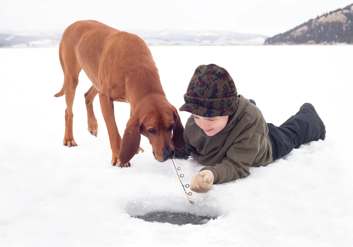 Young boy with his Coon hound dog ice fishing