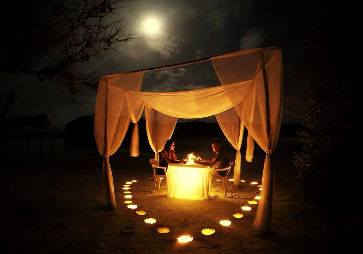 Couple Having Candlelight Dinner In Gazebo At Night
