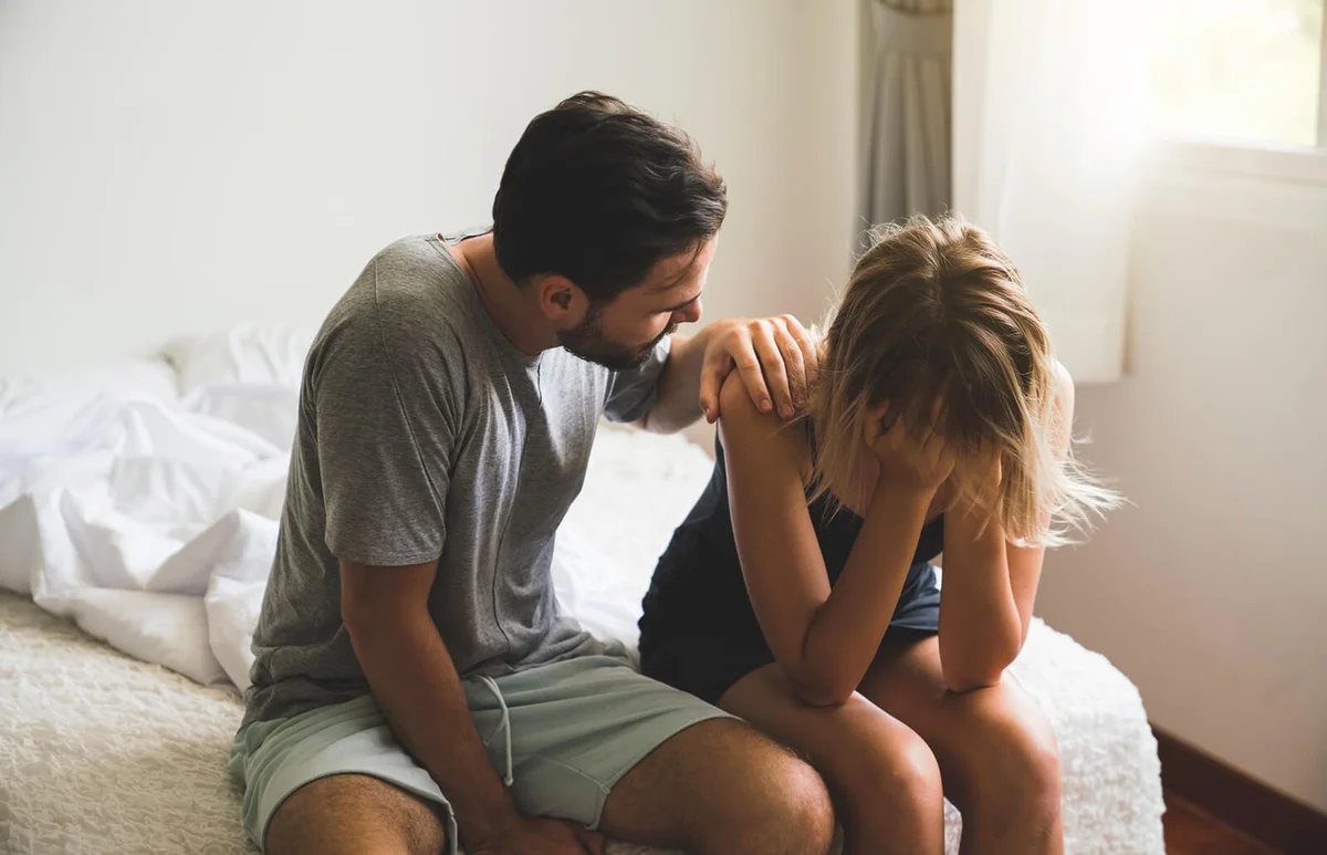 Loving husband comfort upset offended wife