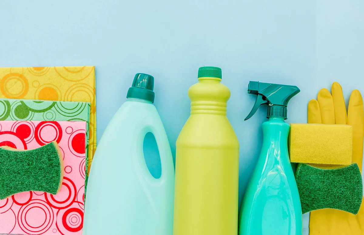 top view collection of cleaning supplies