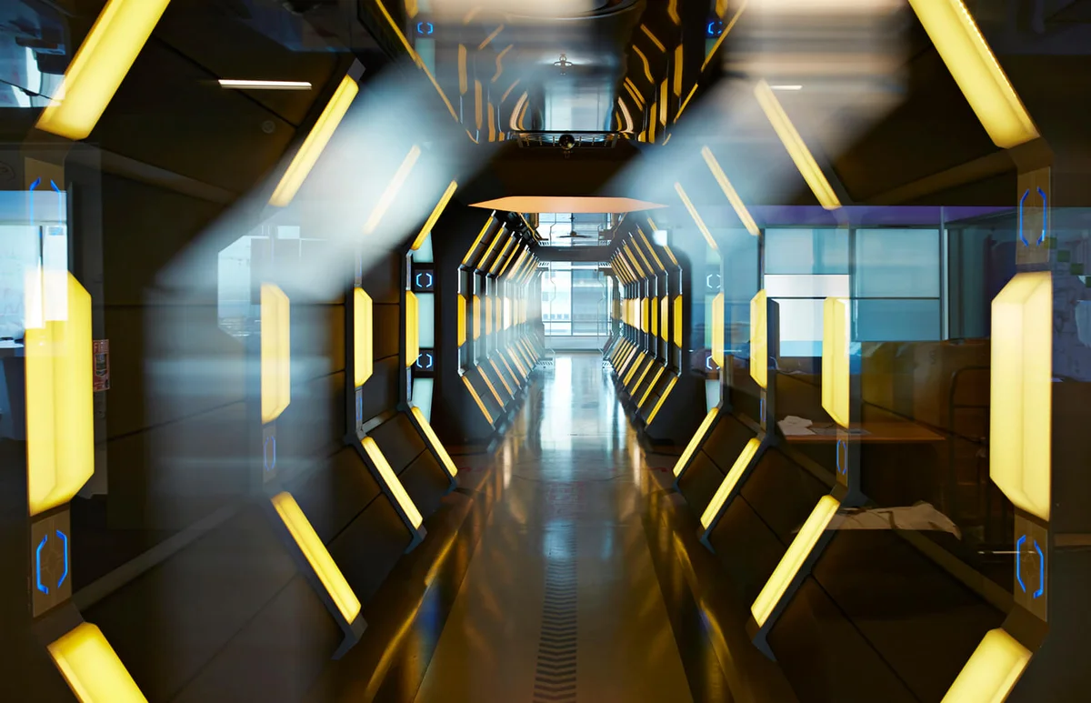 Interior shots of modern designed spaceship style corridor in office building