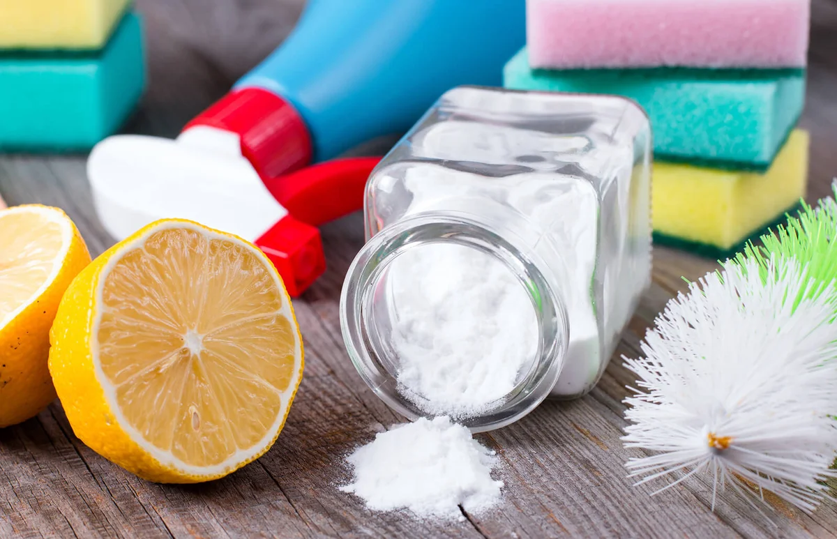 Eco-friendly natural cleaners. Baking soda, salt, lemon and cloth
