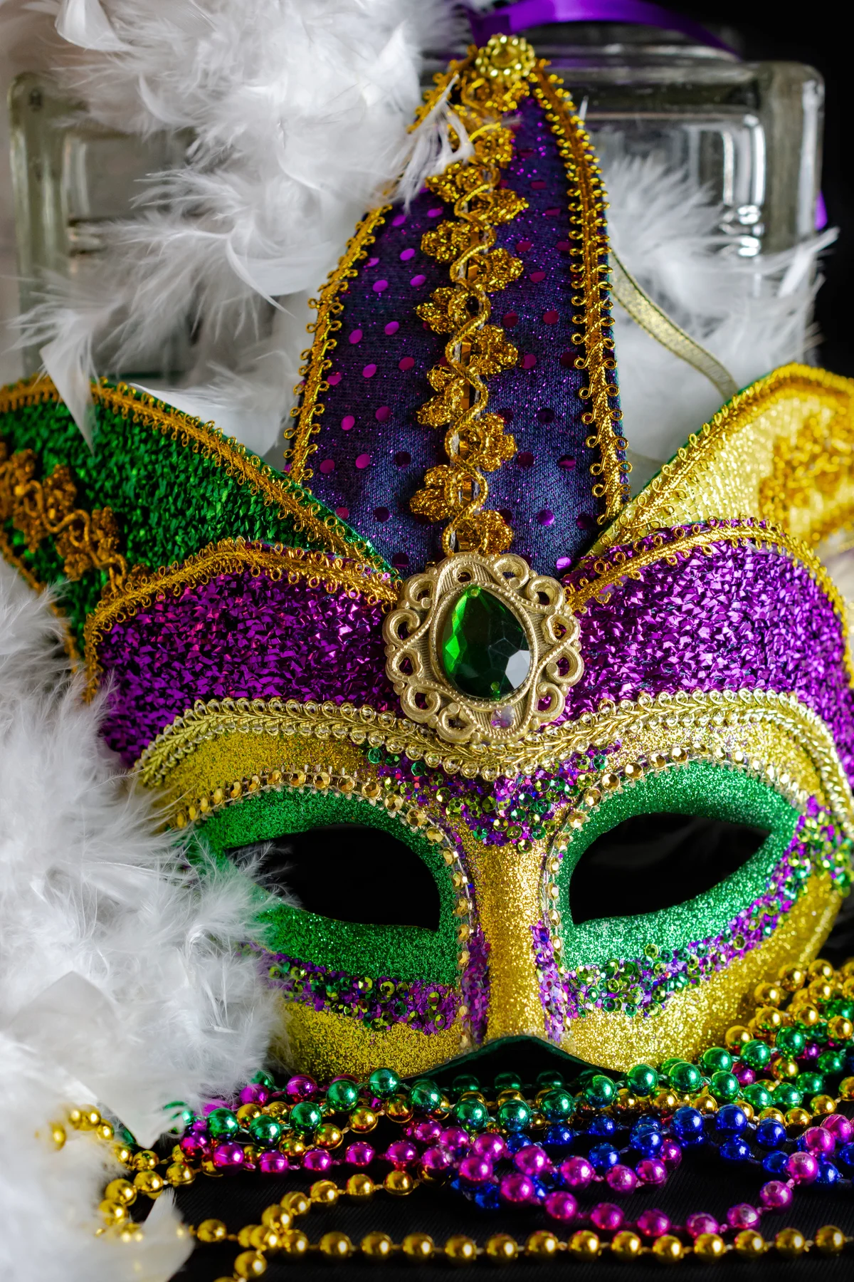 Jester mask with boa and beads