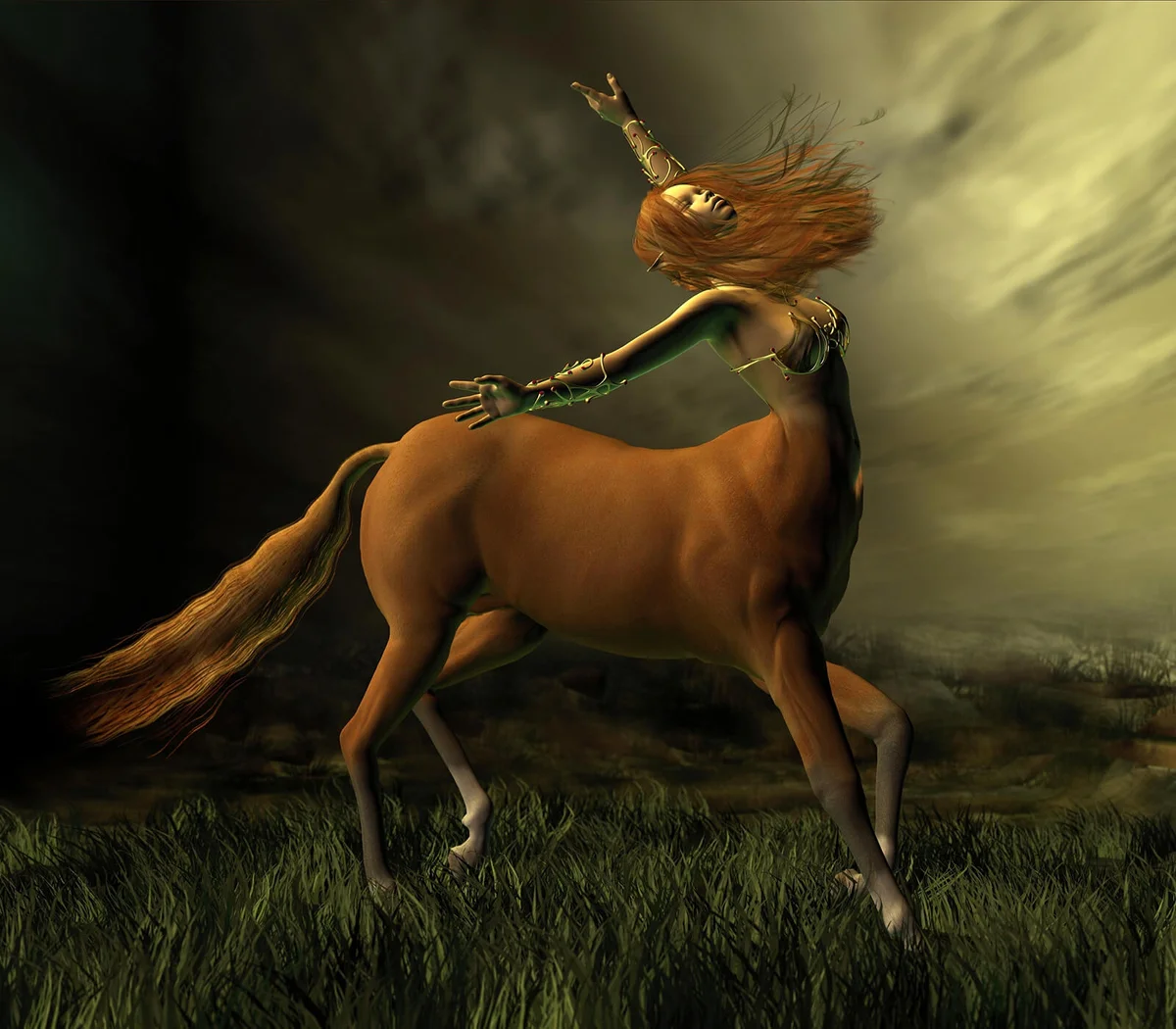 Female centaur facing into a storm