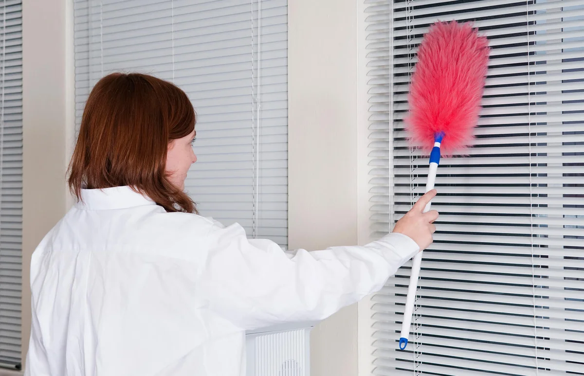 Woman Dusting Window Blinds