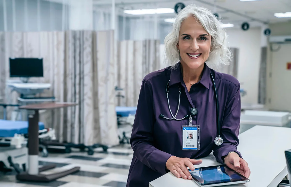 Smiling doctor holding digital tablet in hospital