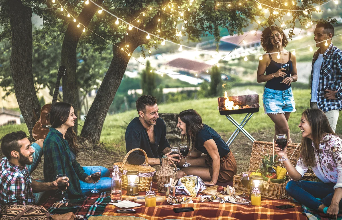 Cheerful Friends On Field During Picnic
