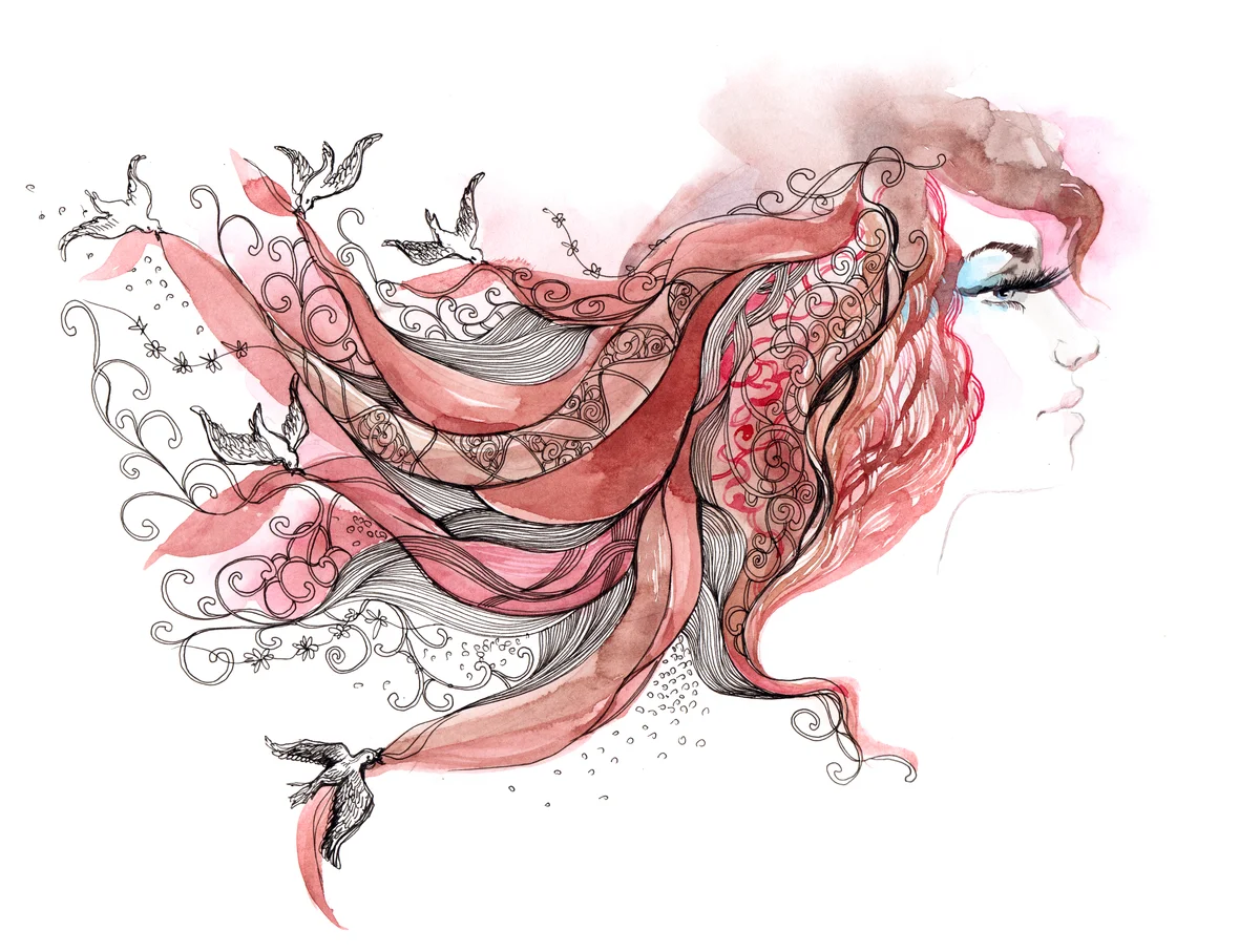Artistic drawing of woman with ribbons and birds in her hair
