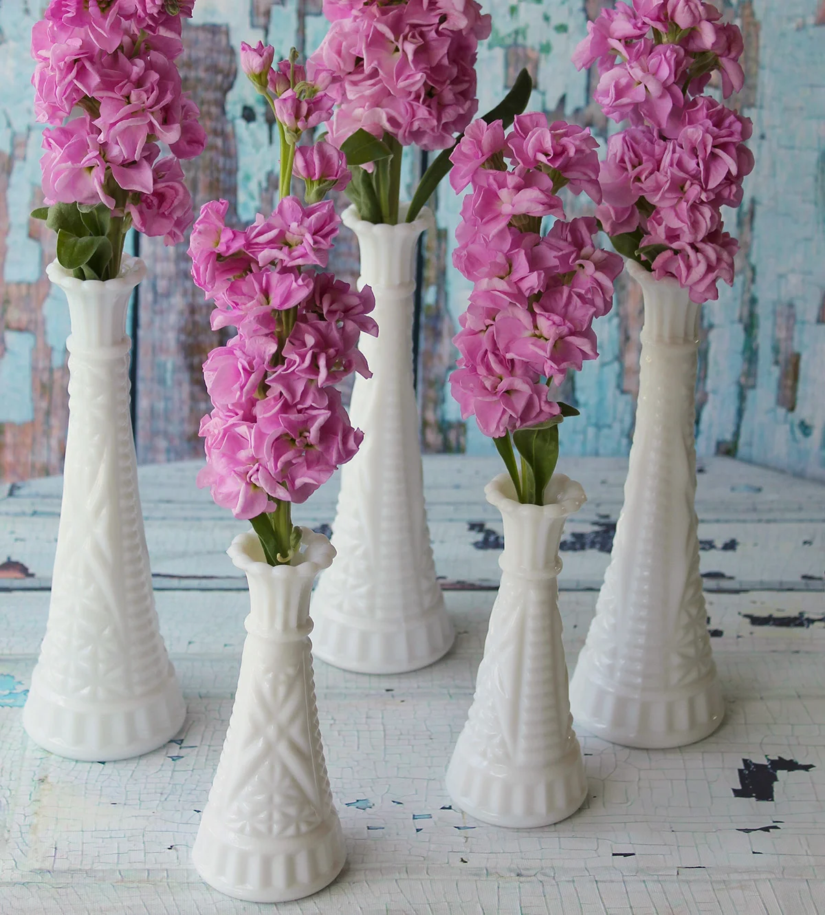 Vintage Milk Glass Bud Vases with Pink Flowers