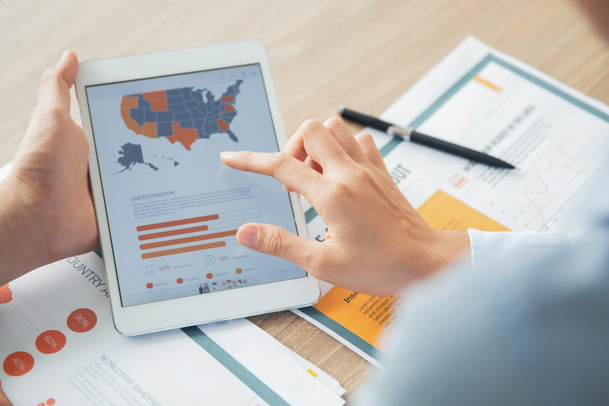 Tablet with charts and graph of United States