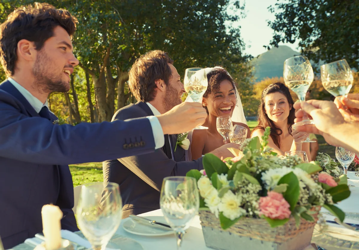 Wedding party toasting at reception