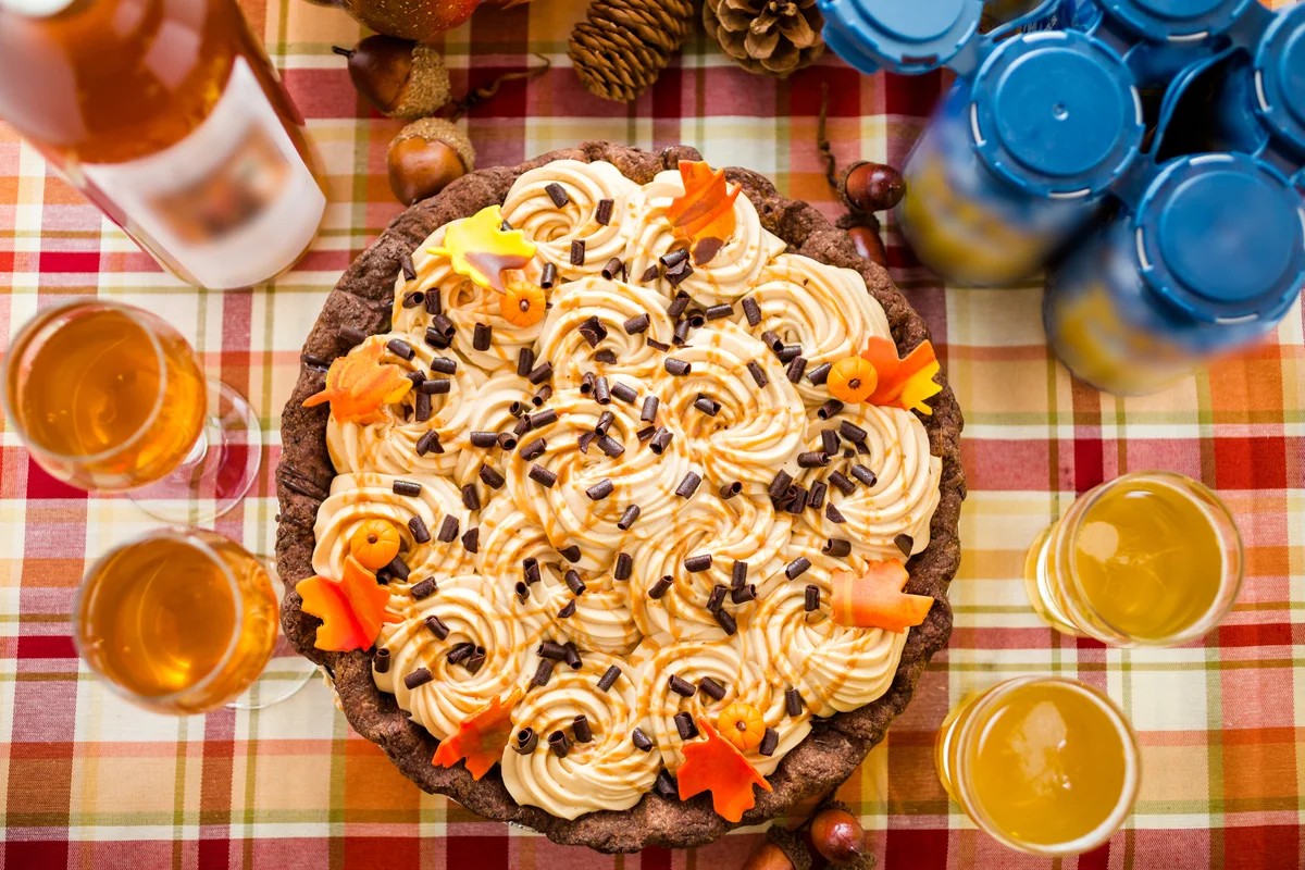 Pumpkin cream pie with white chocolate salted caramel with wine