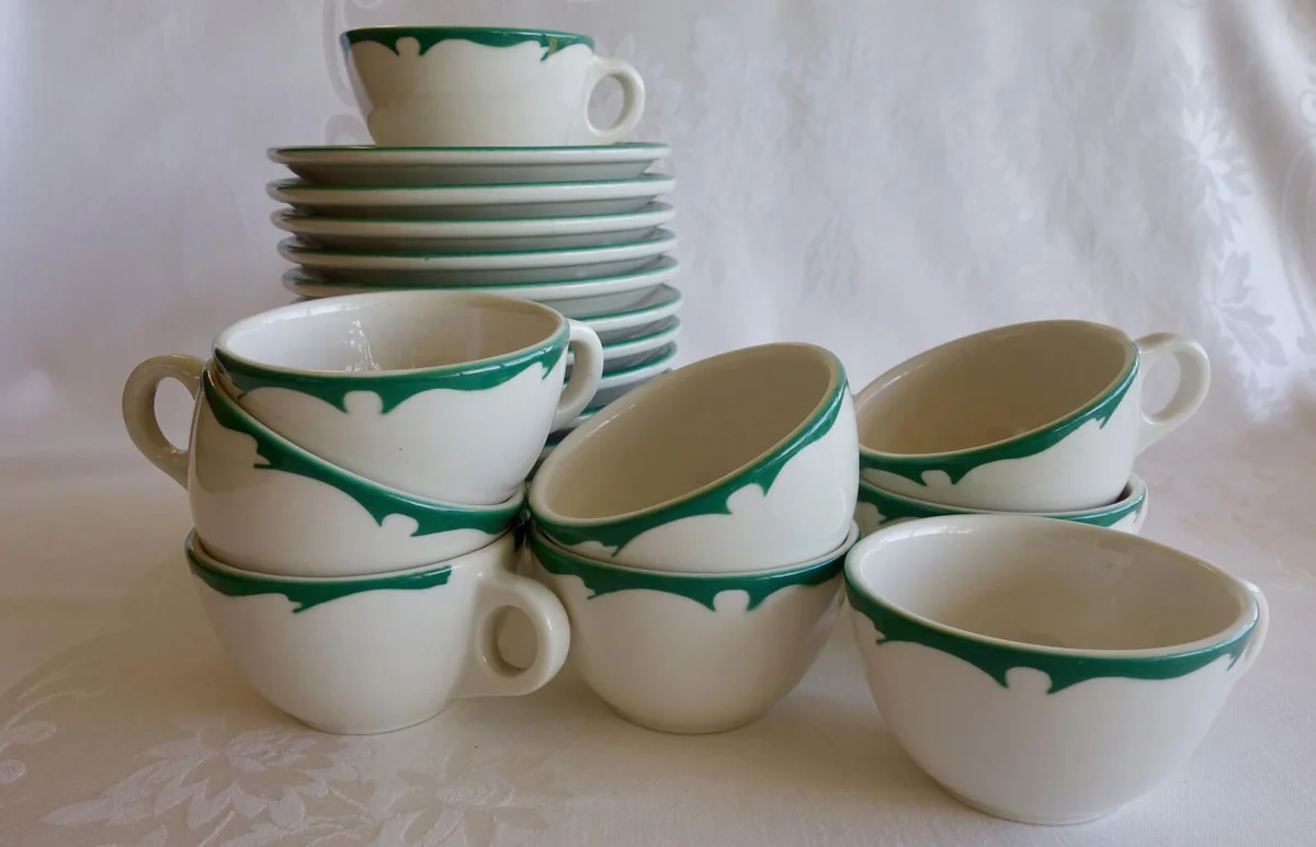 1960s Buffalo China coffee cup and saucer Crest Green restaurant ware ironstone wavy green design 10 sets available