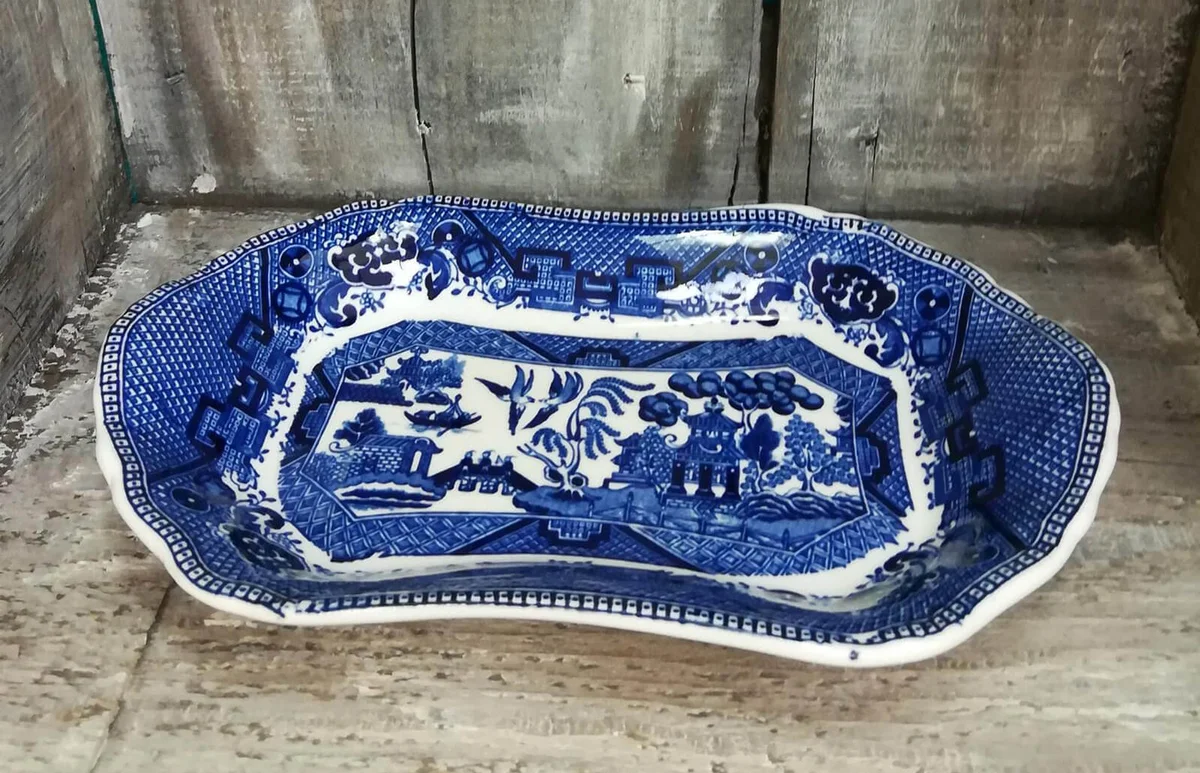 Vintage Buffalo China, Semi-Vitreous "Blue Willow" Oblong Serving Dish, c. 1911